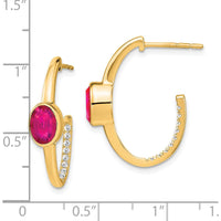14K Yellow Gold Oval Lab-Created Ruby and Diamond J-Hoop Earrings - 1.08 Carat Total Ruby Weight, 0.01 Carat Total Diamond Weight by Monteluci Fine Jewelry