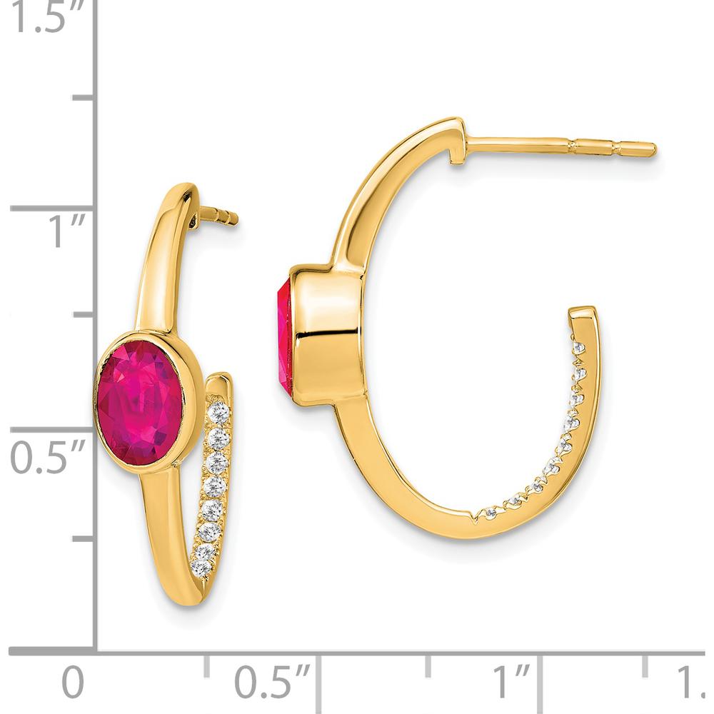 14K Yellow Gold Oval Lab-Created Ruby and Diamond J-Hoop Earrings - 1.08 Carat Total Ruby Weight, 0.01 Carat Total Diamond Weight by Monteluci Fine Jewelry