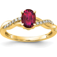 14K Yellow Gold Oval Lab-Created Ruby and Diamond Ring - 0.006 Carat Total Diamond Weight by 0