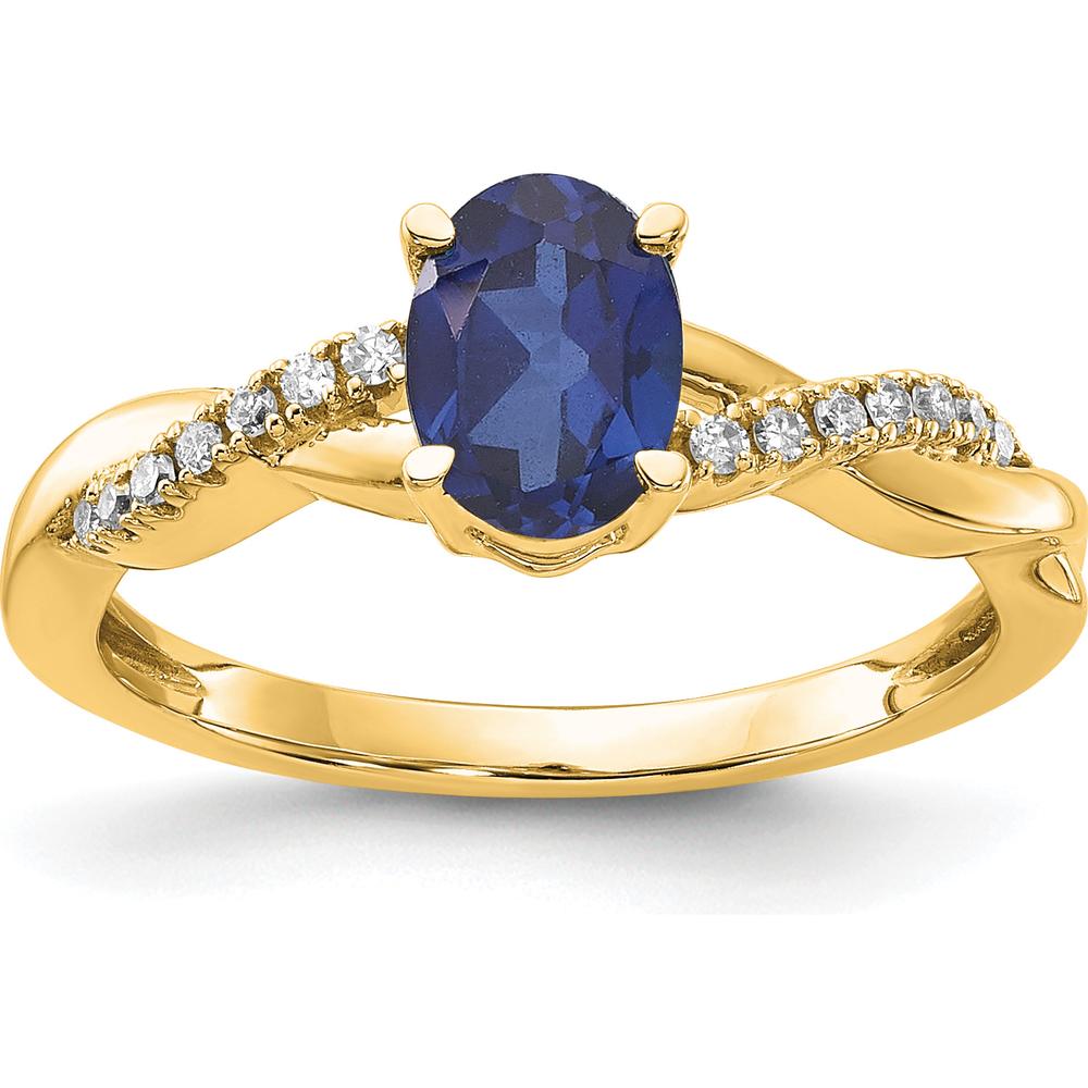 14K Yellow Gold Oval Lab-Created Sapphire and Diamond Ring - 0.084 Carat Total Diamond Weight by 0