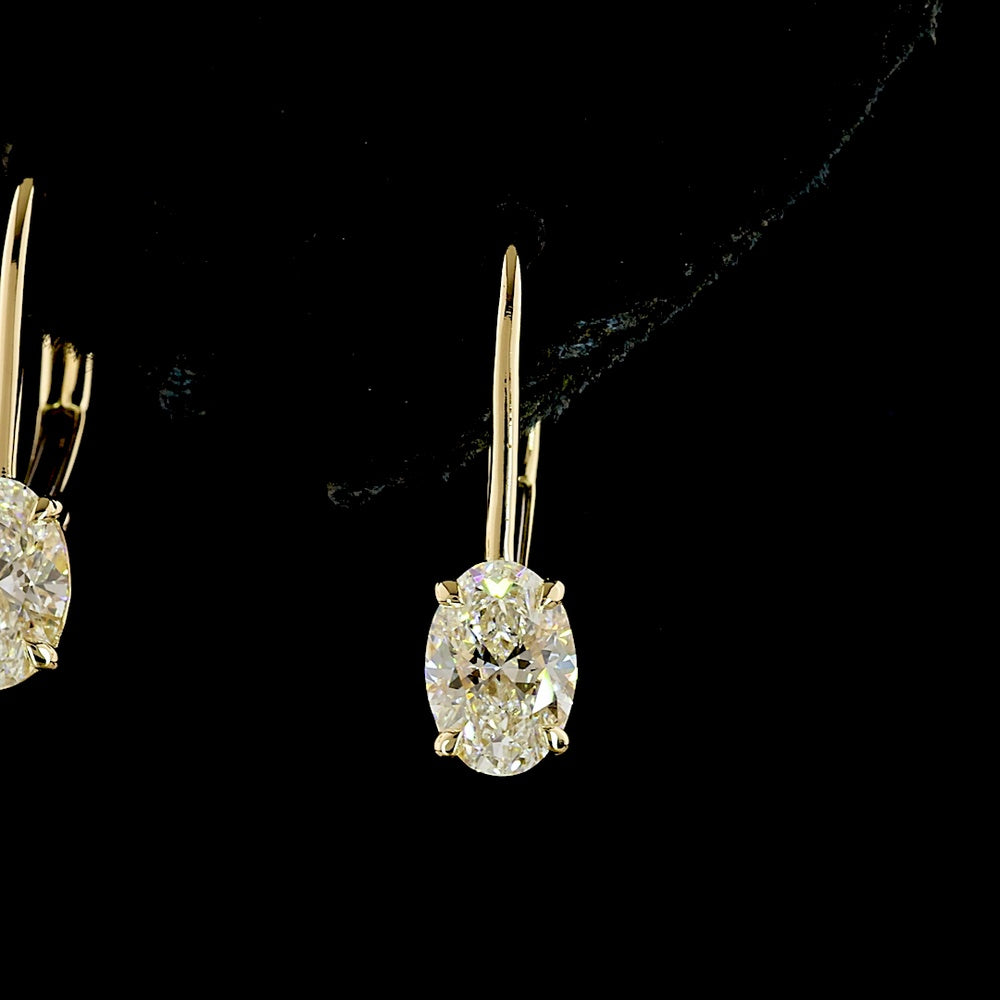 14K Yellow Gold Oval Lab Diamond Hanging Lever-Back Earrings - 2.26 Carat Total Weight, E-F Color VS1 Clarity - Covaloro Fine Jewelry