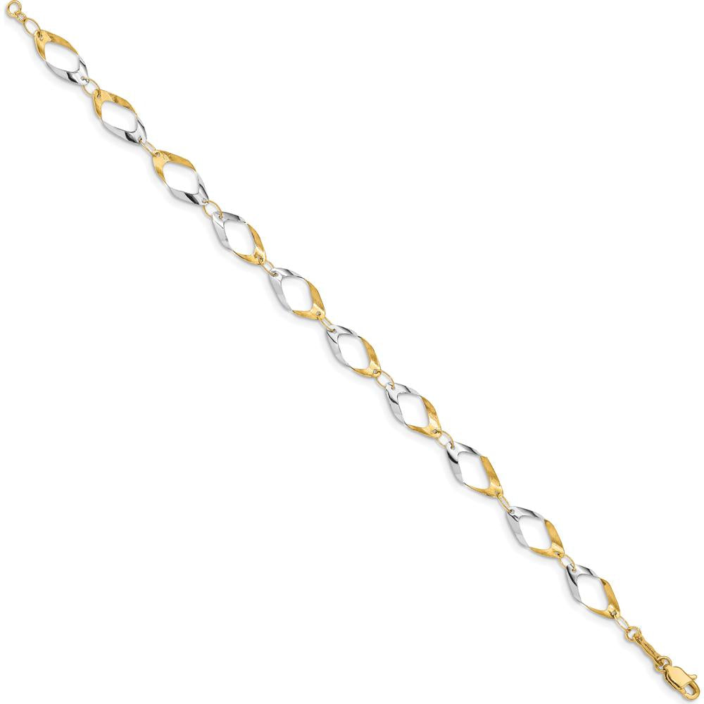 14K Yellow Gold Oval Link Bracelet with Polished Finish and Rhodium Accents - 7" by Oro Pregiato