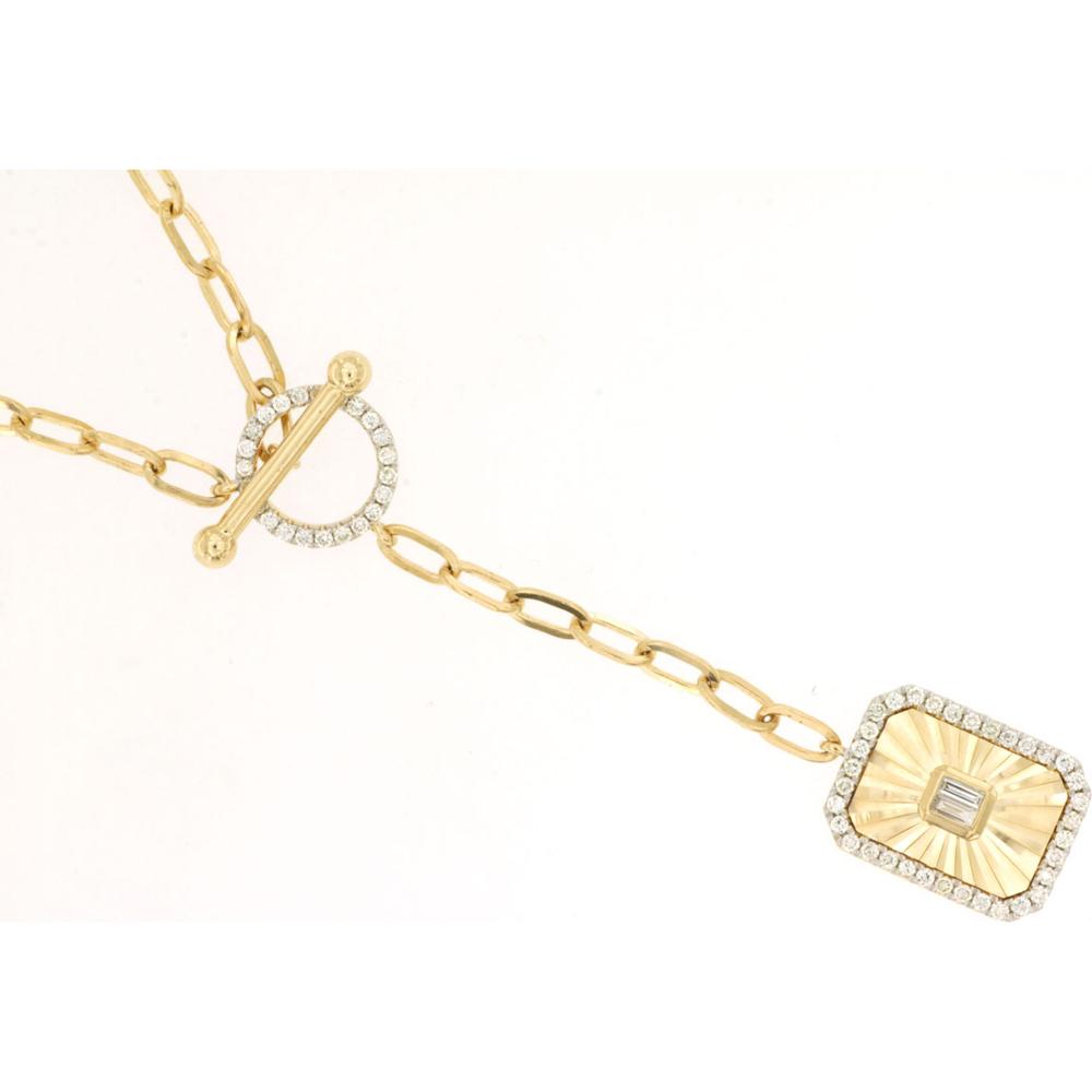 14K Yellow Gold Oval Link Toggle Necklace with Diamond Halo Geometric Pendant and Baguette Center - 0.41 Carat Total Diamond Weight - Royal Jewelry