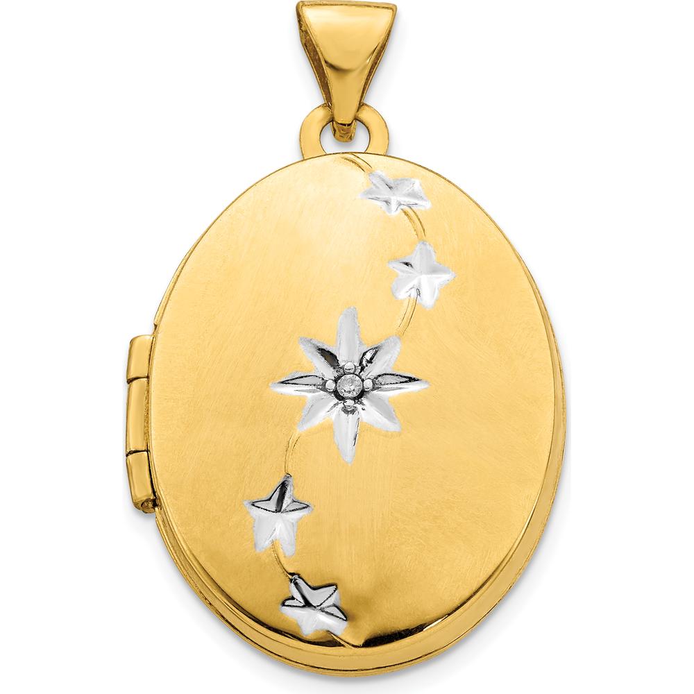 14K Yellow Gold Oval Locket with Diamond Stars and Rhodium Inlay - Holds 2 Photos - 0.005 Carat Diamond by Oro Pregiato