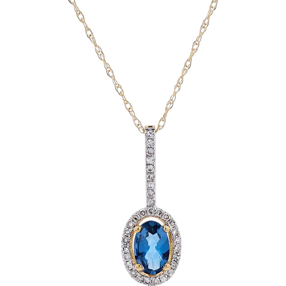 14K Yellow Gold Oval London Blue Topaz Pendant with Diamond Halo - 0.10 Carats Total Diamond Weight