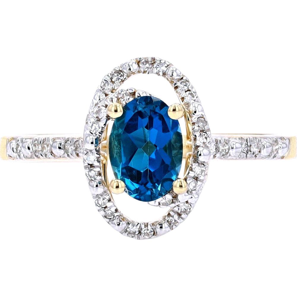 14K Yellow Gold Oval London Blue Topaz Ring with Diamond Halo - 1/10 Carat Total Diamond Weight