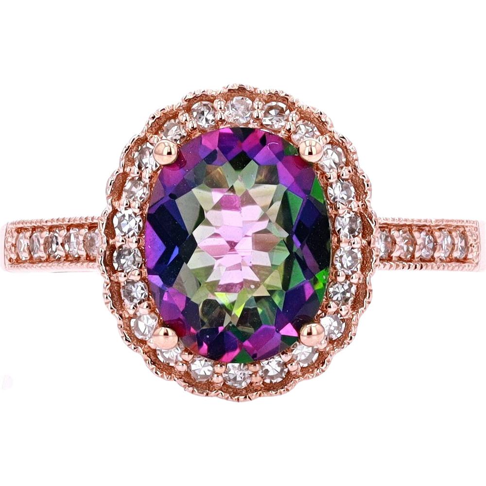 14K Yellow Gold Oval Mystic Gemstone Ring with 0.25 Carats Diamond Halo