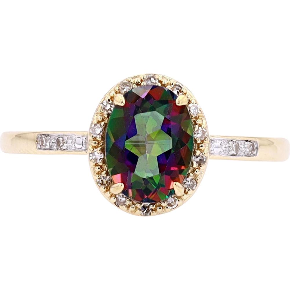 14K Yellow Gold Oval Mystic Topaz Halo Ring with Diamond Accents - 0.08 Carats Total Diamond Weight
