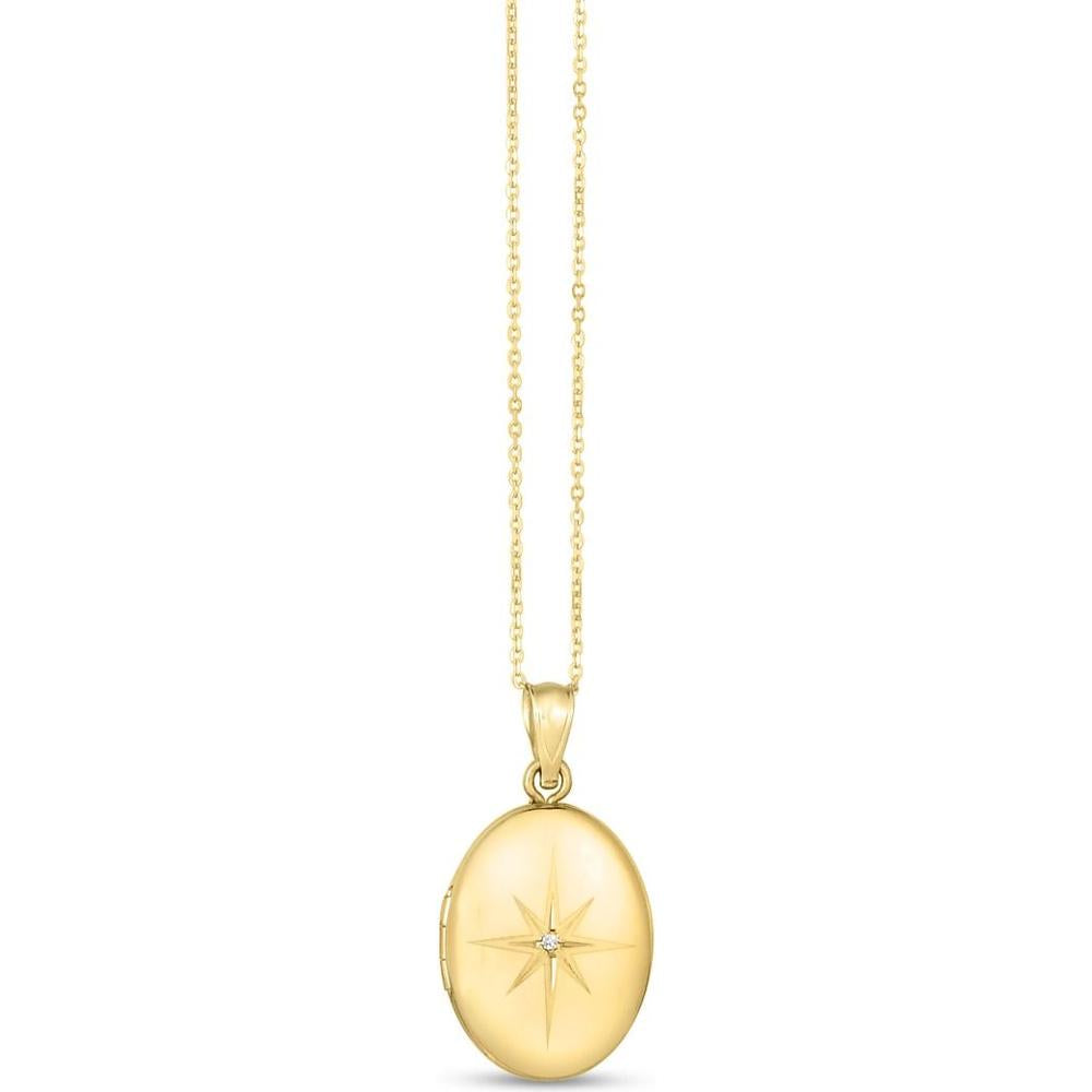 14K Yellow Gold Oval North Star Locket Necklace with .005 Carat Diamond on 18" Diamond-Cut Cable Chain by Orozza Fine Jewelry
