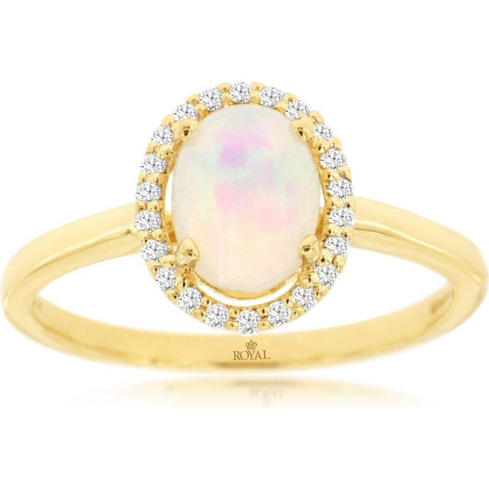 14K Yellow Gold Oval Opal and Diamond Halo Ring - 0.80 Carat Opal and 0.12 Carat Total Diamond Weight - Royal Jewelry
