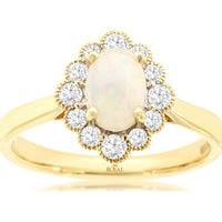 14K Yellow Gold Oval Opal and Diamond Halo Ring with Milgrain Detail - 0.50 Carat Opal and 0.35 Carat Total Diamond Weight - Royal Jewelry