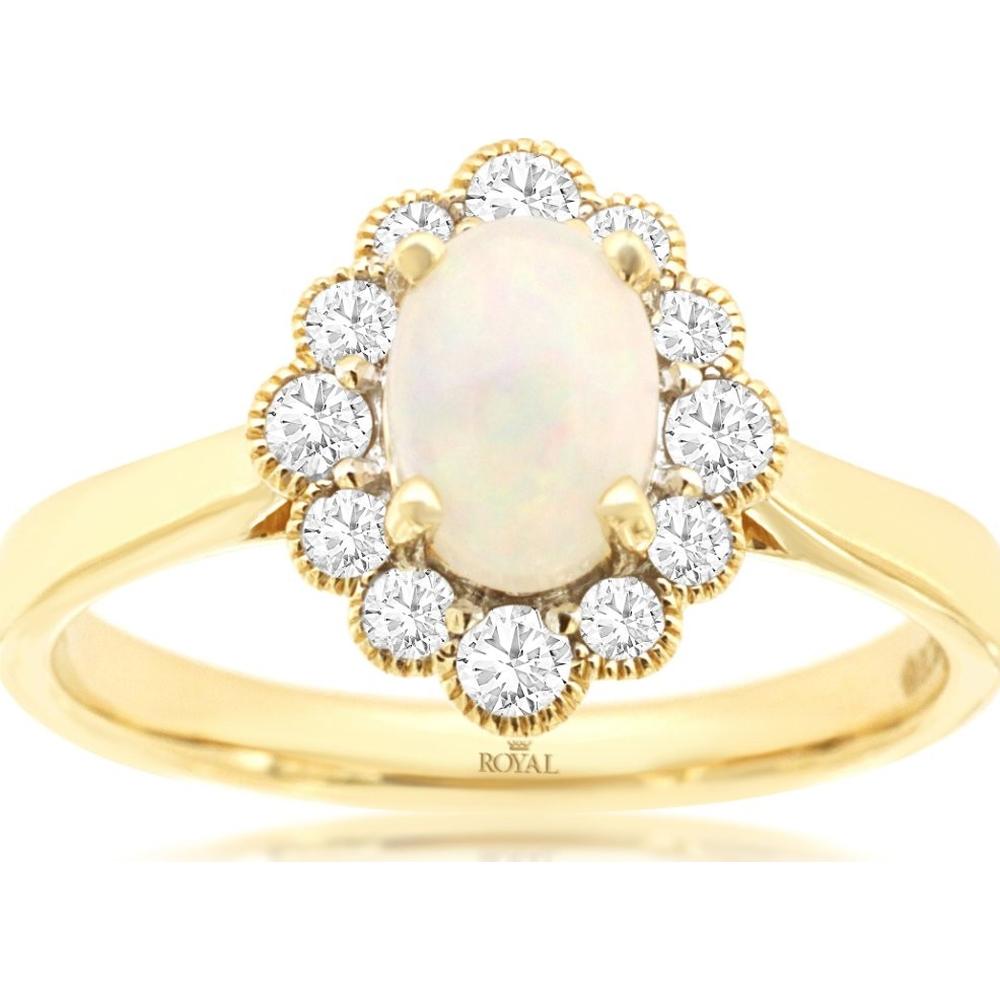 14K Yellow Gold Oval Opal and Diamond Halo Ring with Milgrain Detail - 0.50 Carat Opal and 0.35 Carat Total Diamond Weight - Royal Jewelry