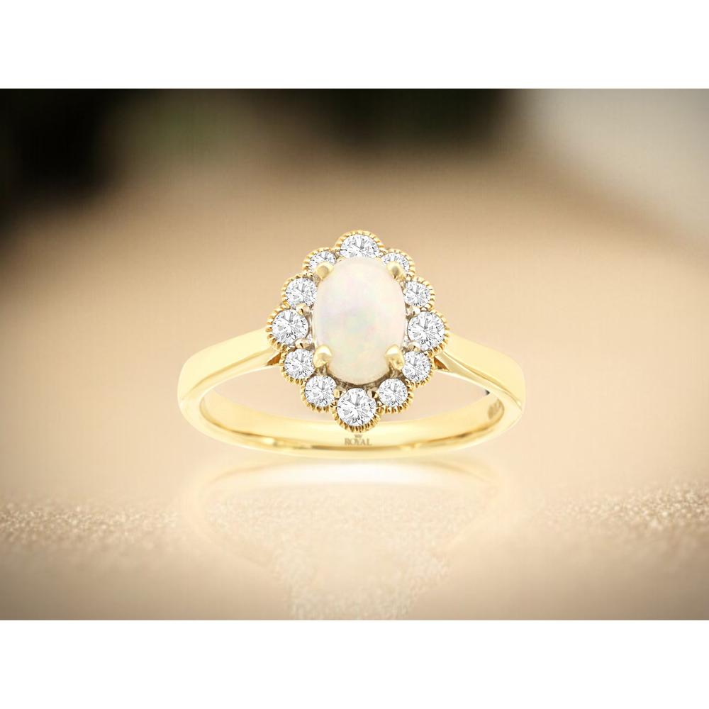 14K Yellow Gold Oval Opal and Diamond Halo Ring with Milgrain Detail - 0.50 Carat Opal and 0.35 Carat Total Diamond Weight - Royal Jewelry