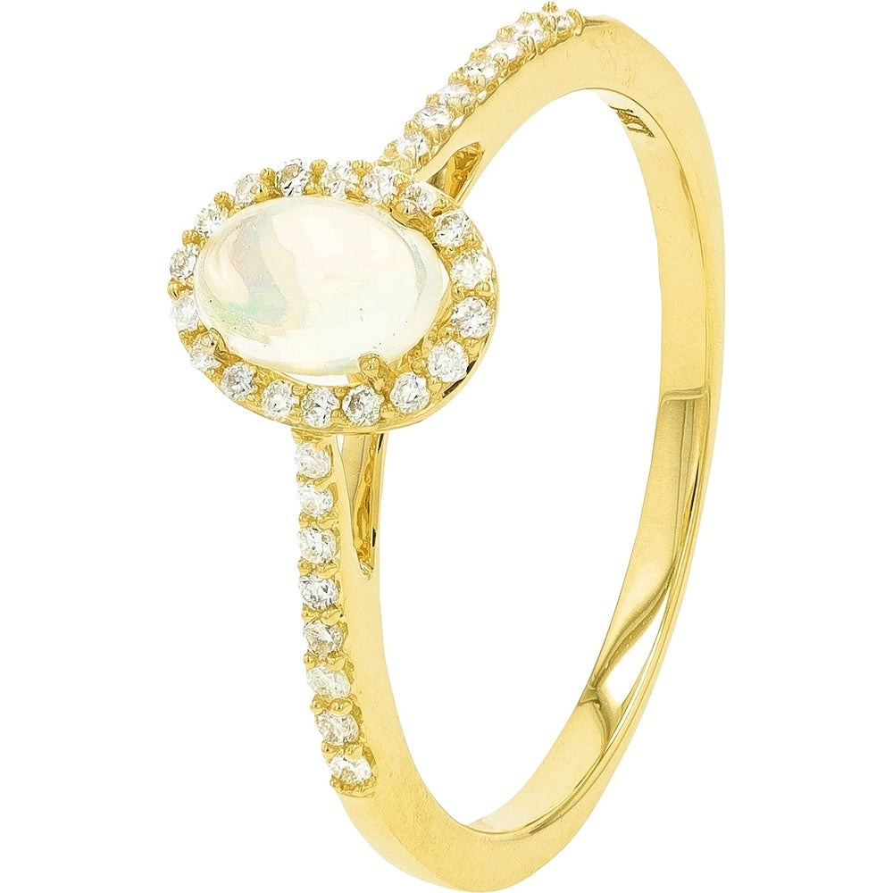 14K Yellow Gold Oval Opal and Diamond Halo Ring with Pavé Shoulder Accents - 0.16 Carat Total Diamond Weight