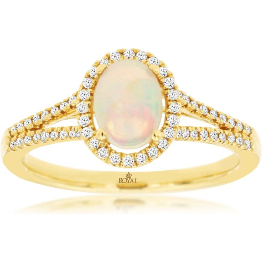 14K Yellow Gold Oval Opal and Diamond Halo Ring with Split Shank and Milgrain Detail - 0.50 Carat Opal and 0.20 Carat Total Diamond Weight - Royal Jewelry