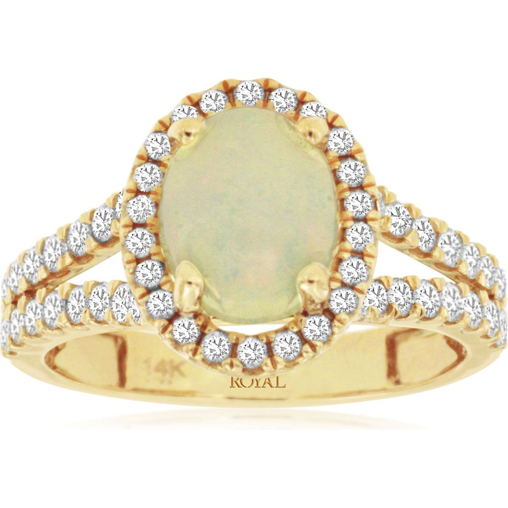 14K Yellow Gold Oval Opal and Diamond Halo Ring with Split Shank and Milgrain Detail - 1.10 Carat Opal and 0.72 Carat Total Diamond Weight - Royal Jewelry