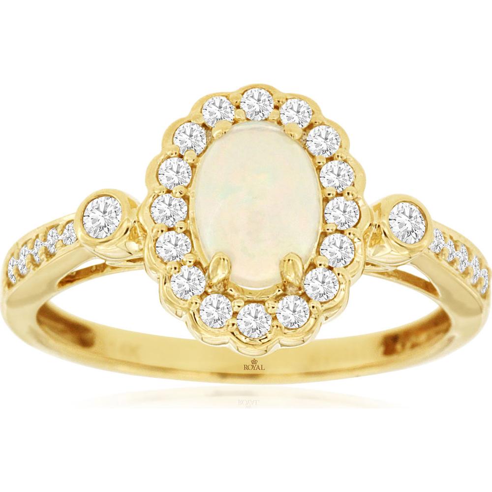 14K Yellow Gold Oval Opal and Diamond Halo Ring with Split Shank Bezel Accents - 0.50 Carat Opal and 0.34 Carat Total Diamond Weight - Royal Jewelry