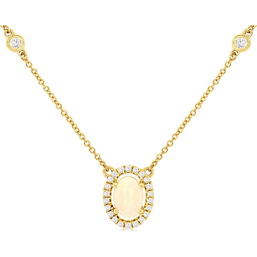 14K Yellow Gold Oval Opal and Diamond Halo Station Necklace - 0.50 Carat Opal, 0.27 Carat Diamond Total - Royal Jewelry