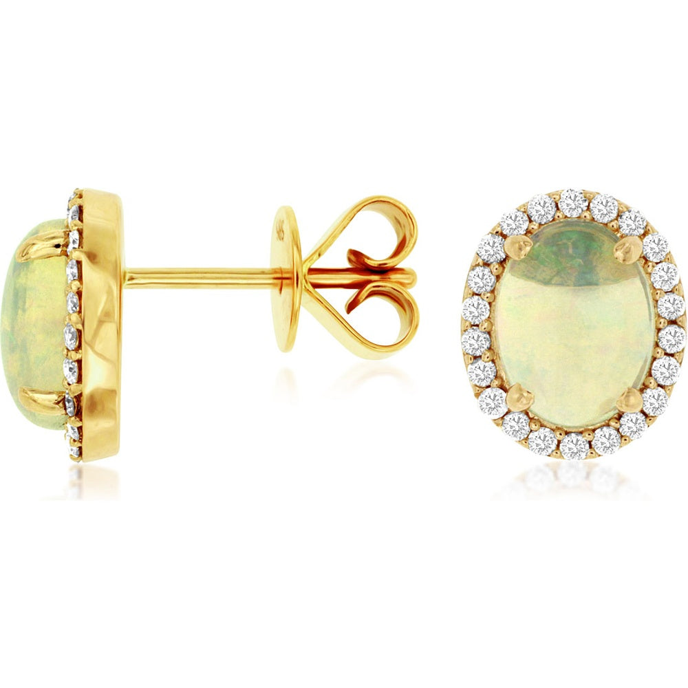 14K Yellow Gold Oval Opal and Diamond Halo Stud Earrings - 1.80 Carat Total Opal Weight and 0.28 Carat Total Diamond Weight - Royal Jewelry