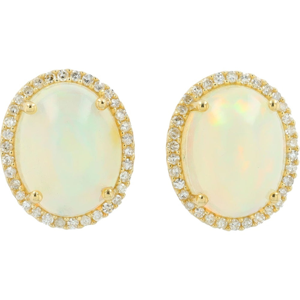 14K Yellow Gold Oval Opal and Diamond Halo Stud Earrings - 4.00-8.35 Carat Total Opal Weight with 0.20 Carat Total Diamond Weight