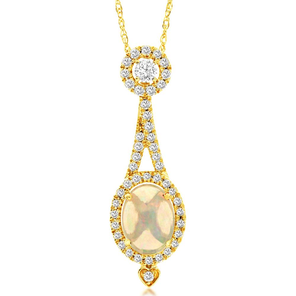 14K Yellow Gold Oval Opal and Round Diamond Halo Drop Pendant Necklace - 0.90 Carat Opal and 0.33 Carat Total Diamond Weight - Royal Jewelry