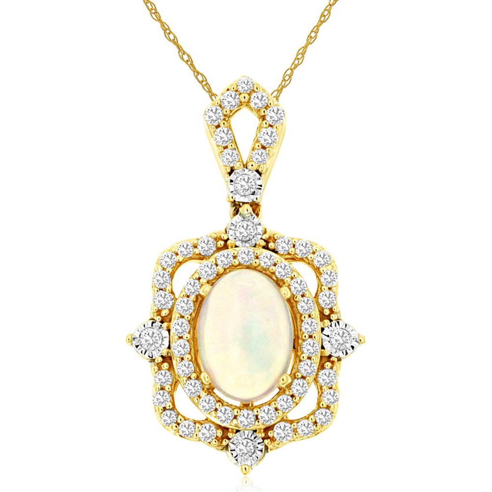 14K Yellow Gold Oval Opal Pendant with Diamond Halo and Openwork Diamond Frame - 0.50 Carat Opal & 0.25 Carat Total Diamond Weight - Royal Jewelry
