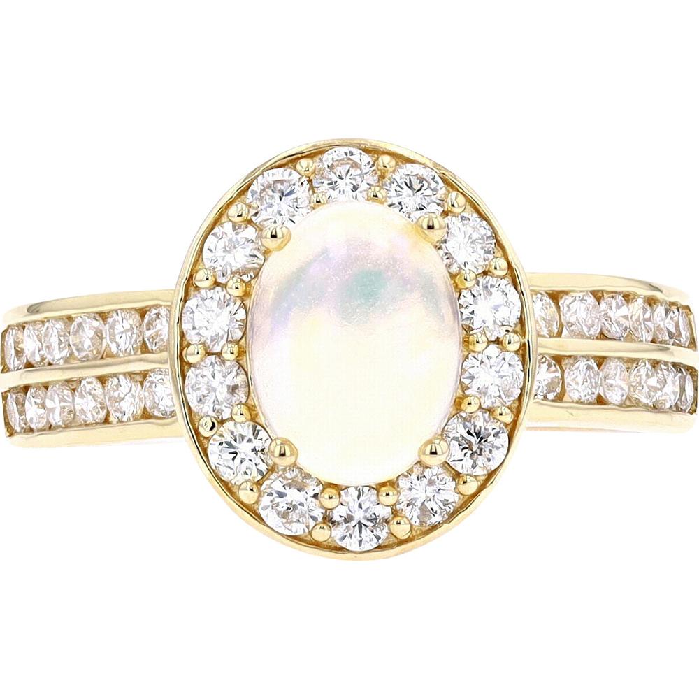 14K Yellow Gold Oval Opal Ring with Diamond Halo - 1.00 Carat Total Diamond Weight