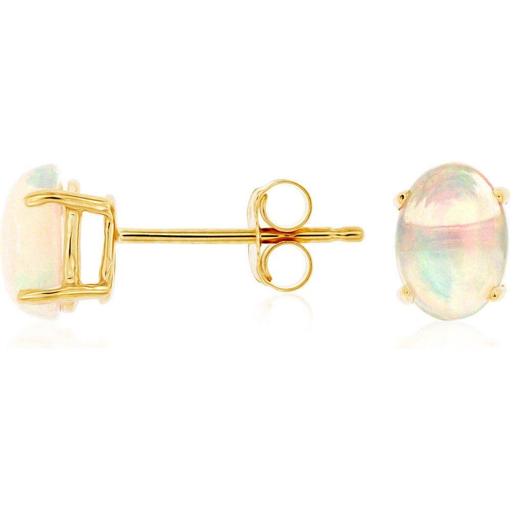 14K Yellow Gold Oval Opal Stud Earrings with 4-Prong Basket Settings - 1.00 Carat Total Gem Weight - Royal Jewelry