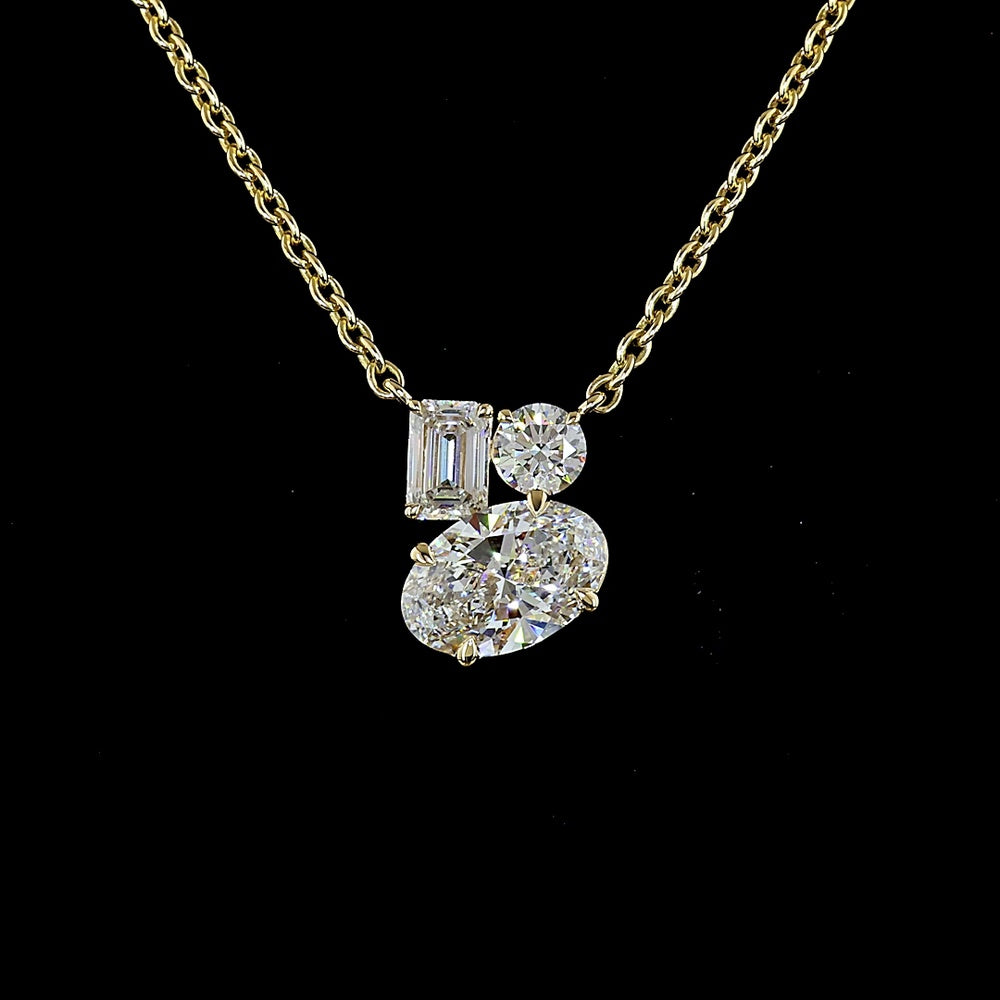 14K Yellow Gold Oval Pendant Necklace with 1.50 Carats Oval, 0.46 Carats Emerald Cut, and 0.28 Carats Round Lab Diamonds - 2.24 Carats Total Diamond Weight - Covaloro Fine Jewelry