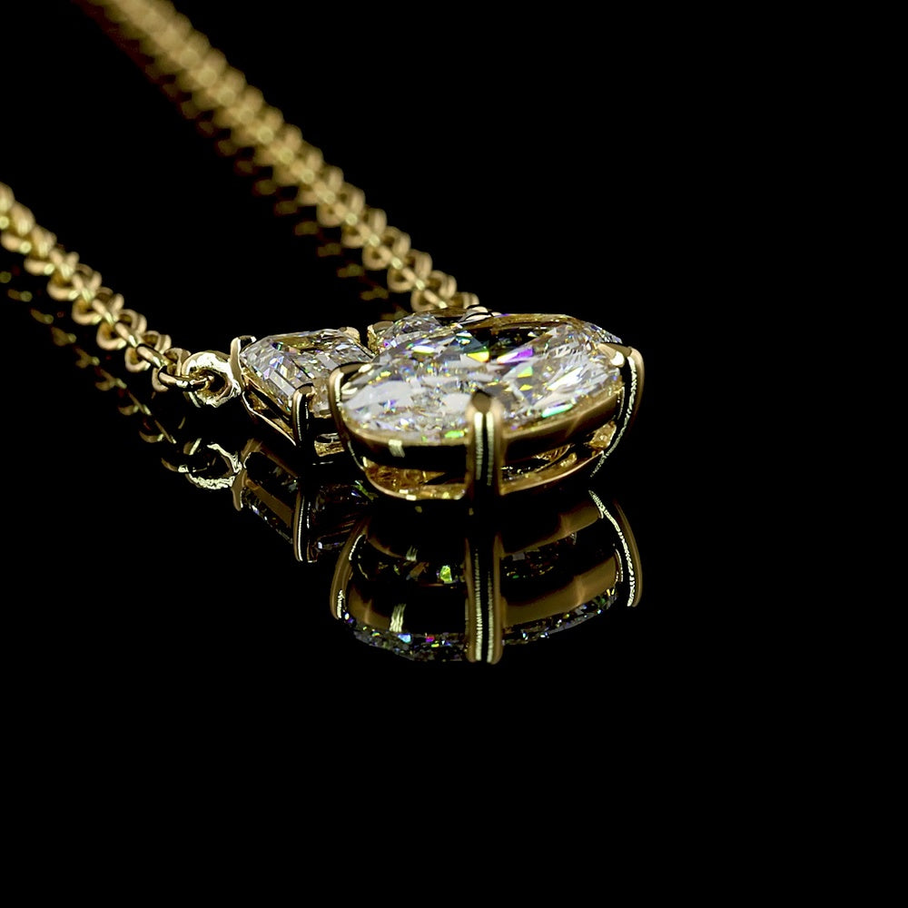 14K Yellow Gold Oval Pendant Necklace with 1.50 Carats Oval, 0.46 Carats Emerald Cut, and 0.28 Carats Round Lab Diamonds - 2.24 Carats Total Diamond Weight - Covaloro Fine Jewelry