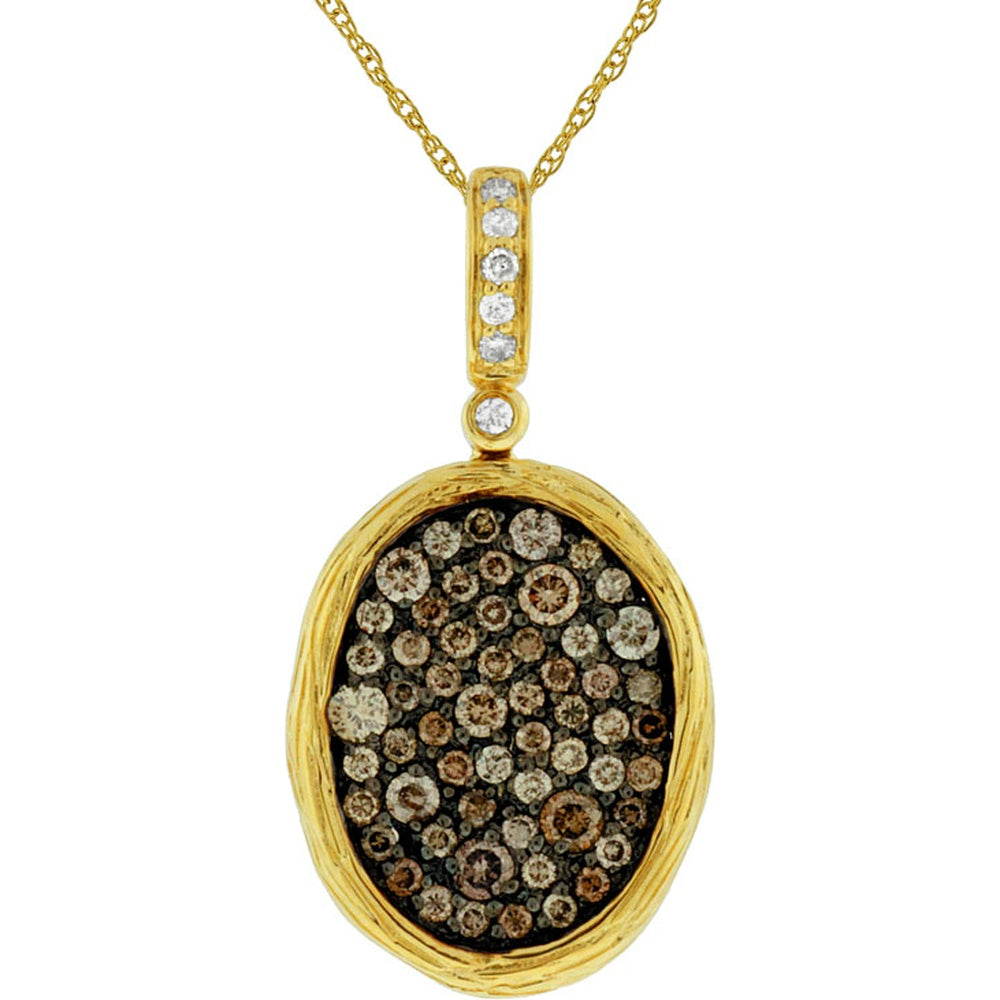 14K Yellow Gold Oval Pendant Necklace with Mixed Round White and Mocha Diamonds - 0.75 Carat Total Diamond Weight - Royal Jewelry