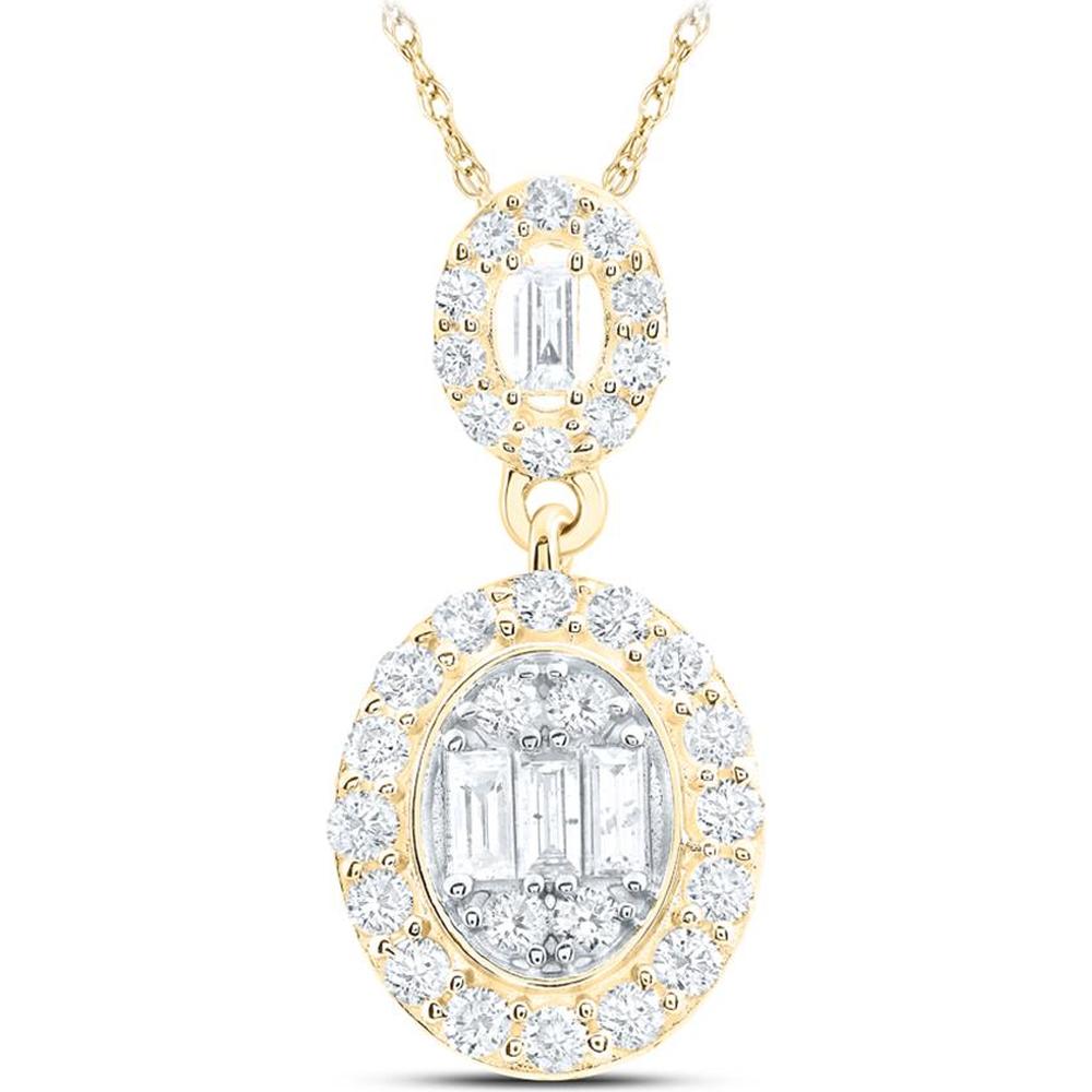 14K Yellow Gold Oval Pendant with Baguette and Round Diamonds - 0.62 Carat Total Diamond Weight