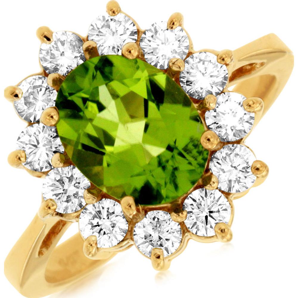 14K Yellow Gold Oval Peridot and Diamond Halo Ring - 1.85 Carat Peridot and 1.00 Carat Diamond Total Weight - Royal Jewelry