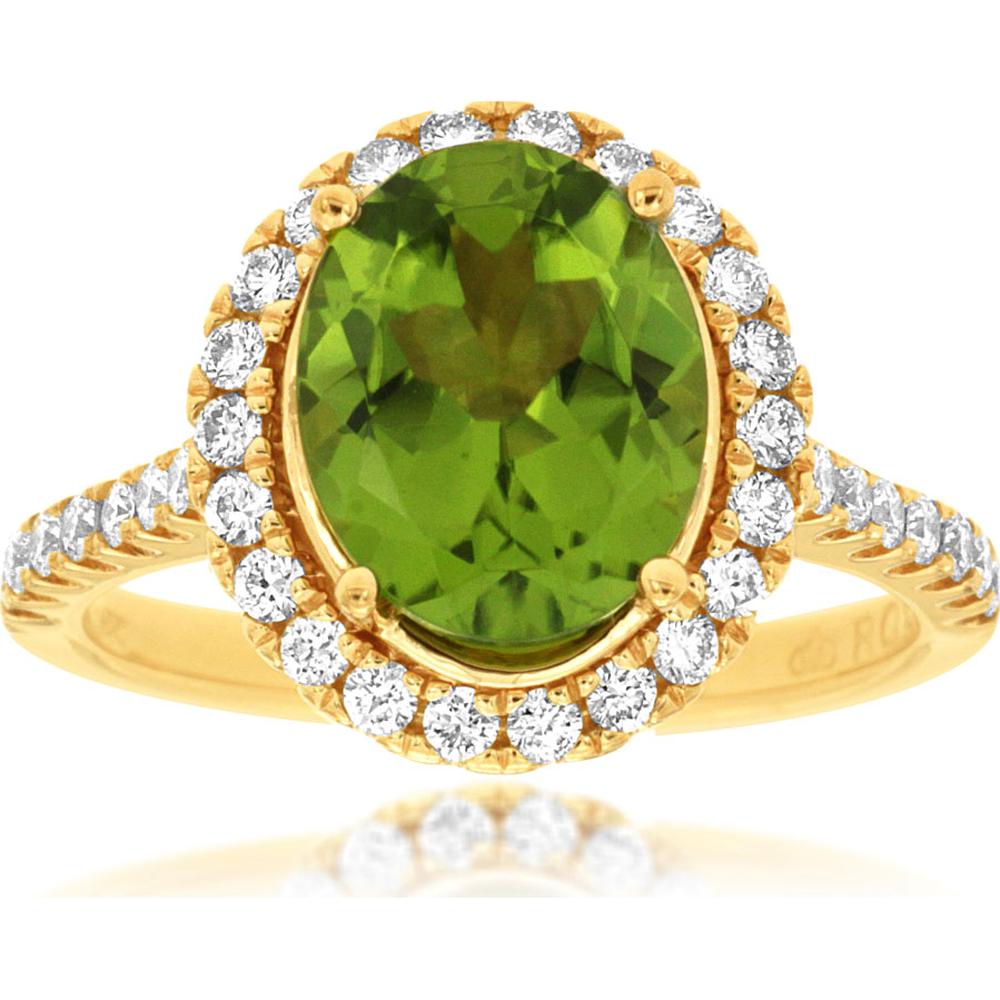 14K Yellow Gold Oval Peridot and Diamond Halo Ring with 2.80 Carat Peridot and 0.60 Carat Total Diamond Weight - Royal Jewelry