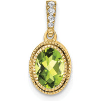 14K Yellow Gold Oval Peridot and Diamond Pendant with Beaded Edge - 0.92 Carat Total Gemstone Weight by Lumare Gioia