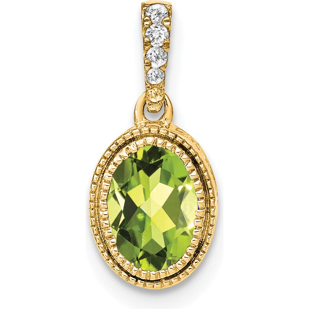 14K Yellow Gold Oval Peridot and Diamond Pendant with Beaded Edge - 0.92 Carat Total Gemstone Weight by Lumare Gioia