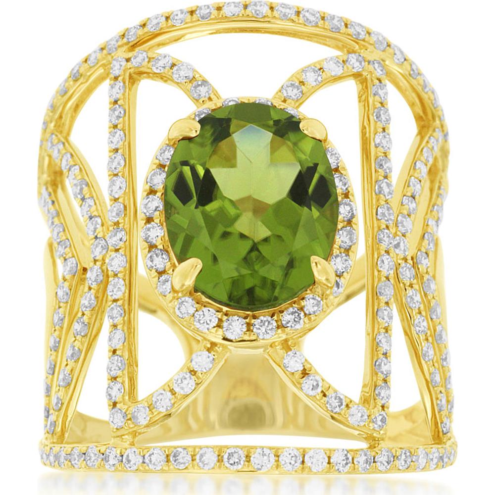 14K Yellow Gold Oval Peridot and Diamond Statement Halo Ring - 2.80 Carat Peridot and 1.05 Carat Total Diamond Weight - Royal Jewelry