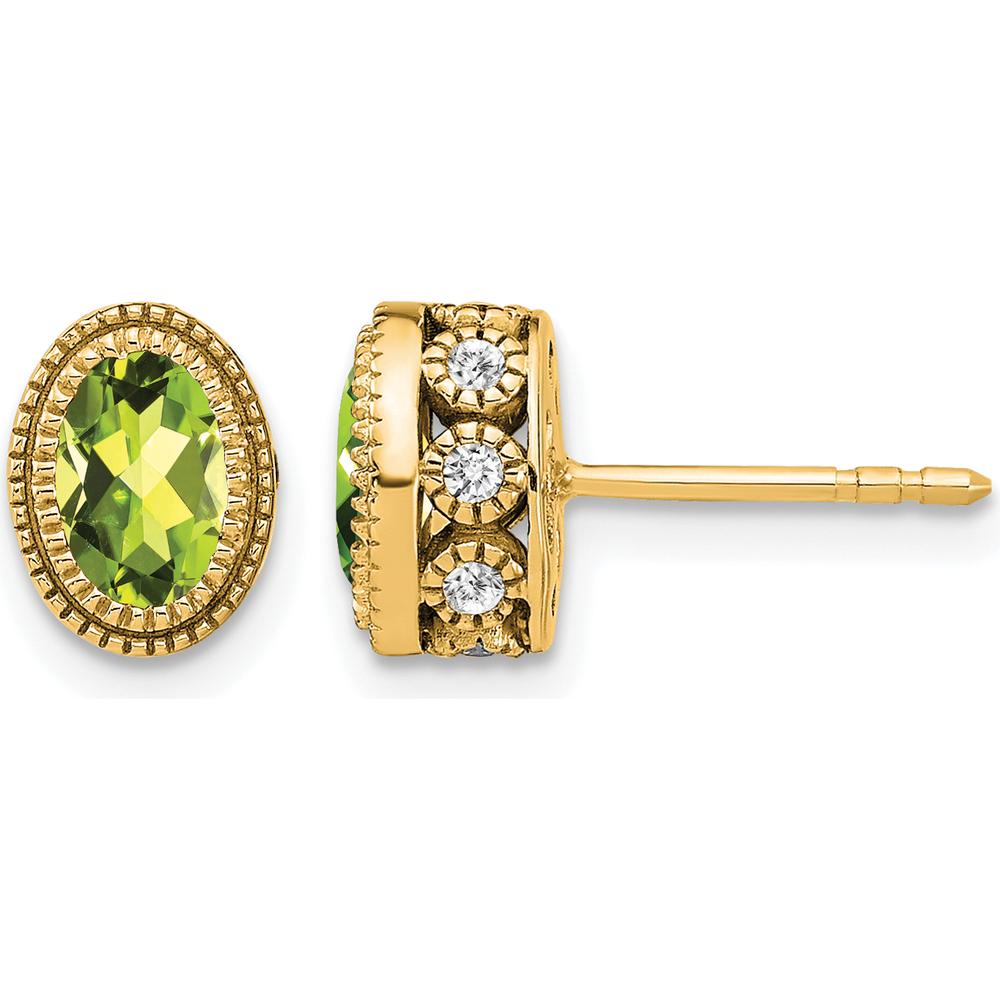 14K Yellow Gold Oval Peridot and Diamond Stud Earrings - 0.45 Carat Peridot, 0.012 Carat Diamond by Monteluci Fine Jewelry
