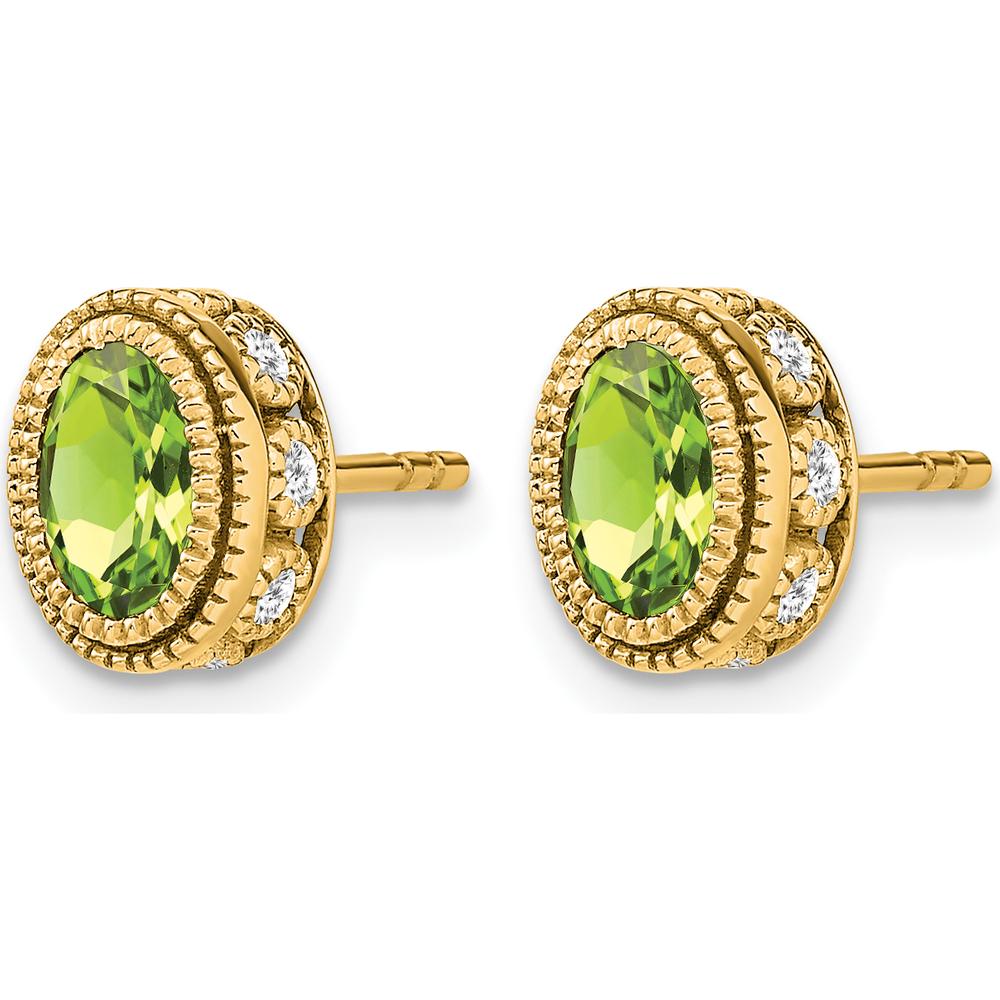 14K Yellow Gold Oval Peridot and Diamond Stud Earrings - 0.45 Carat Peridot, 0.012 Carat Diamond by Monteluci Fine Jewelry