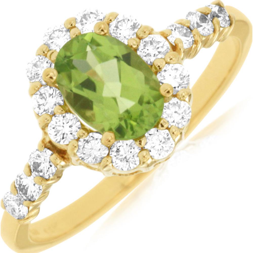 14K Yellow Gold Oval Peridot Halo Ring with Round Diamonds - .85 Carat Peridot and .47 Carat Total Diamond Weight - Royal Jewelry