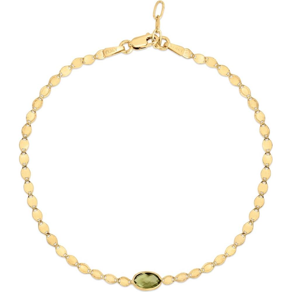 14K Yellow Gold Oval Peridot Mirrored Chain Bracelet - 6x4mm Gemstone Centerpiece - 7.25" by Orozza Fine Jewelry