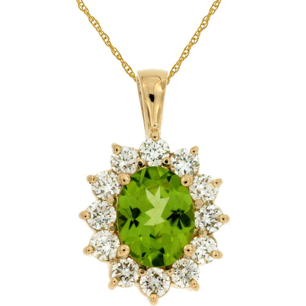 14K Yellow Gold Oval Peridot Pendant with Diamond Halo - 1.90 Carat Peridot & 1.00 Carat Total Diamond Weight - Royal Jewelry