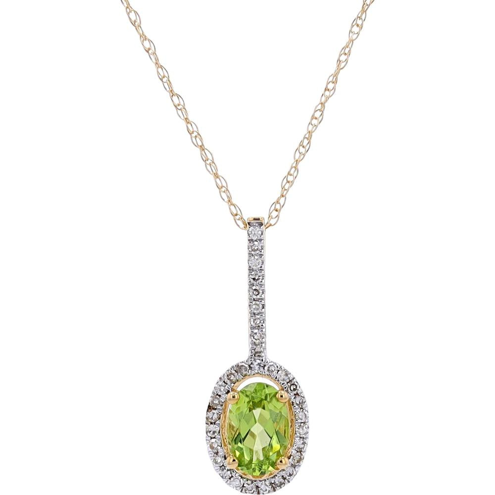 14K Yellow Gold Oval Peridot Pendant with Diamond Halo and Vertical Accents - 0.10 Carats Total Diamond Weight