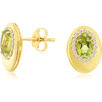 14K Yellow Gold Oval Peridot Stud Earrings with Diamond Halo and Milgrain Detailing - 0.95 Carat Total Peridot Weight and 0.14 Carat Total Diamond Weight - Royal Jewelry