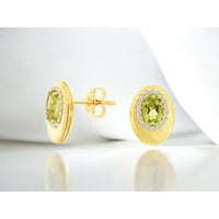 14K Yellow Gold Oval Peridot Stud Earrings with Diamond Halo and Milgrain Detailing - 0.95 Carat Total Peridot Weight and 0.14 Carat Total Diamond Weight - Royal Jewelry