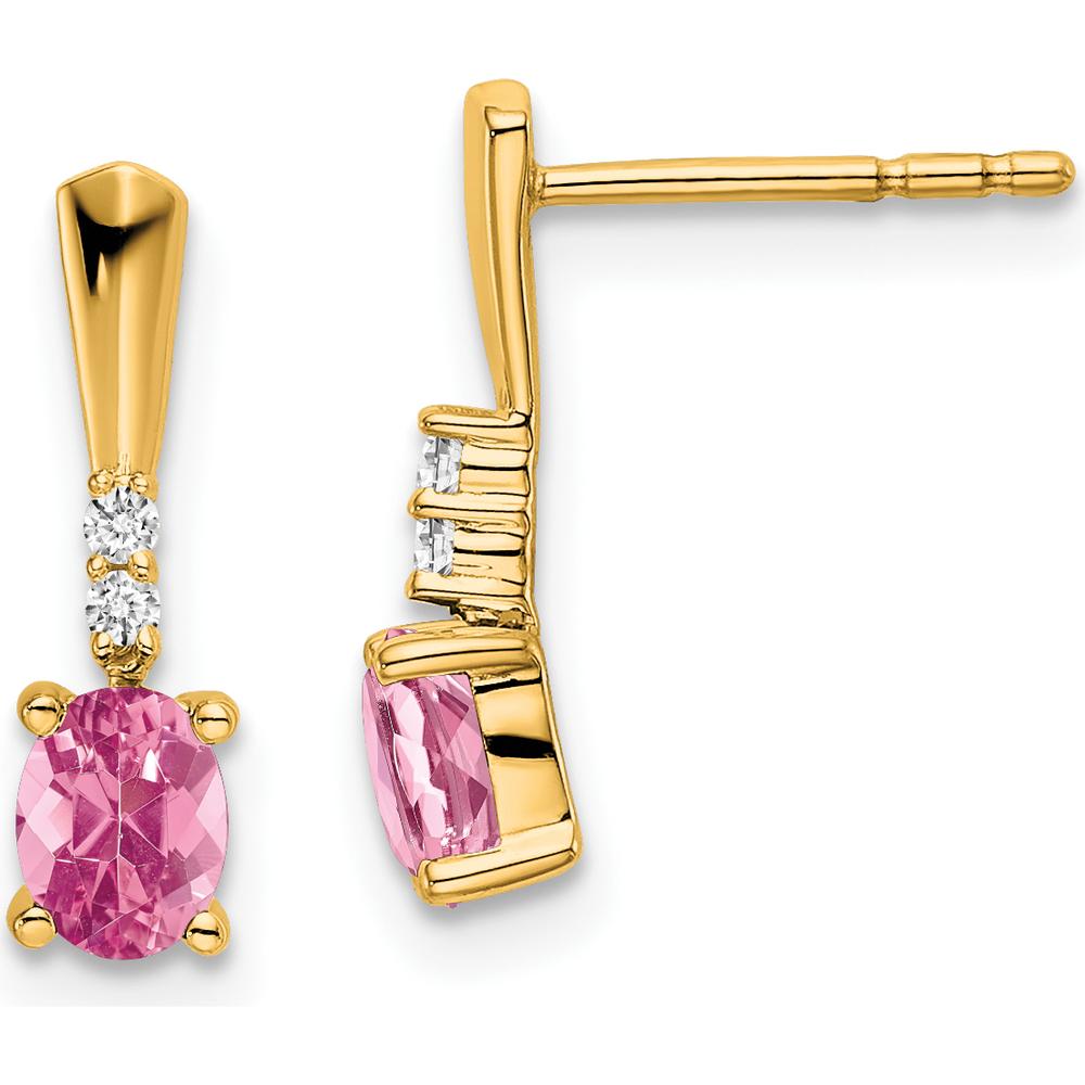 14K Yellow Gold Oval Pink Tourmaline and Diamond Dangle Earrings - 1.00 Carat Total Pink Tourmaline Weight, 0.04 Carat Total Diamond Weight by Oro Pregiato