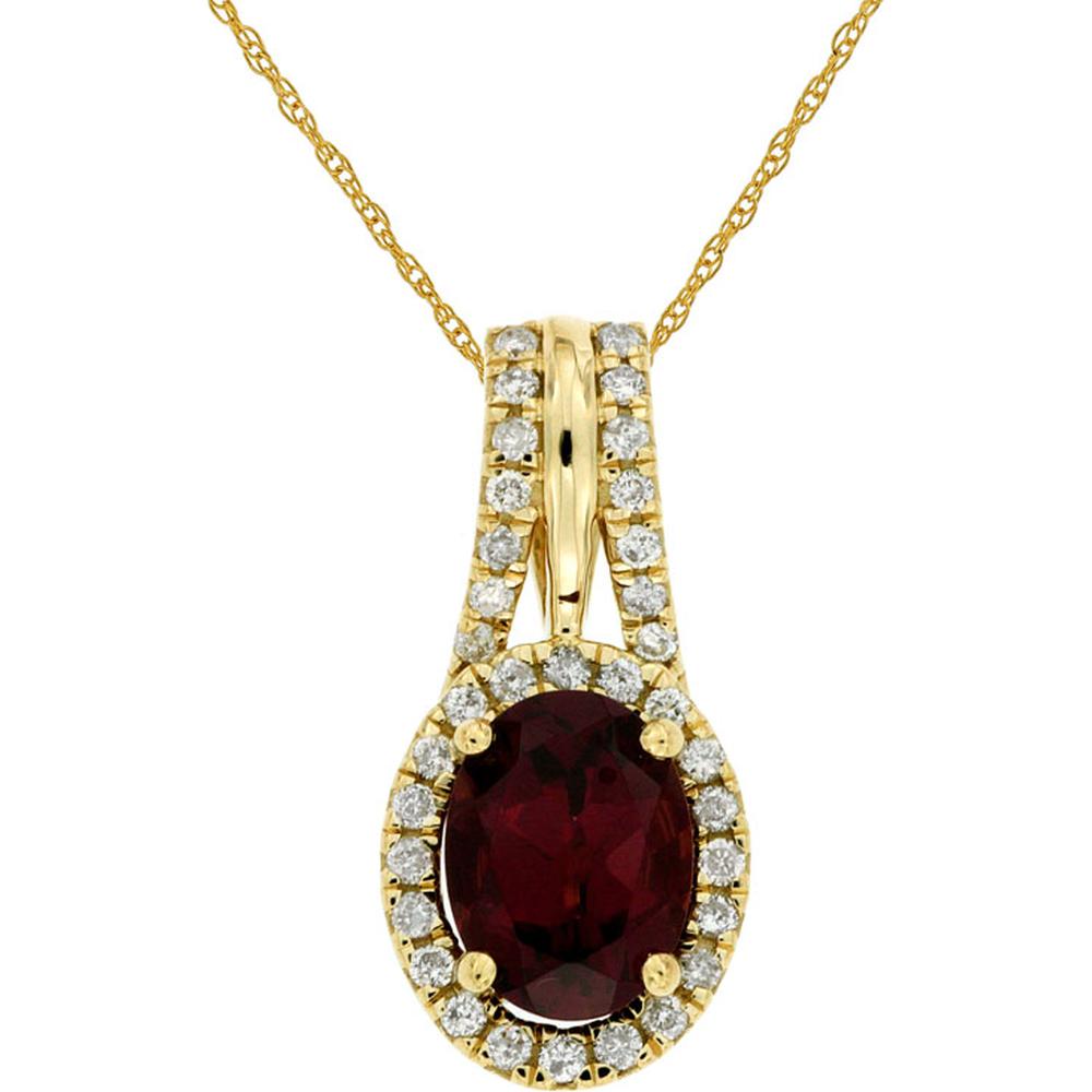 14K Yellow Gold Oval Rhodolite and Diamond Halo Pendant with Diamond-Accented Bail - 1.50 Carat Rhodolite and 0.24 Carat Total Diamond Weight - Royal Jewelry