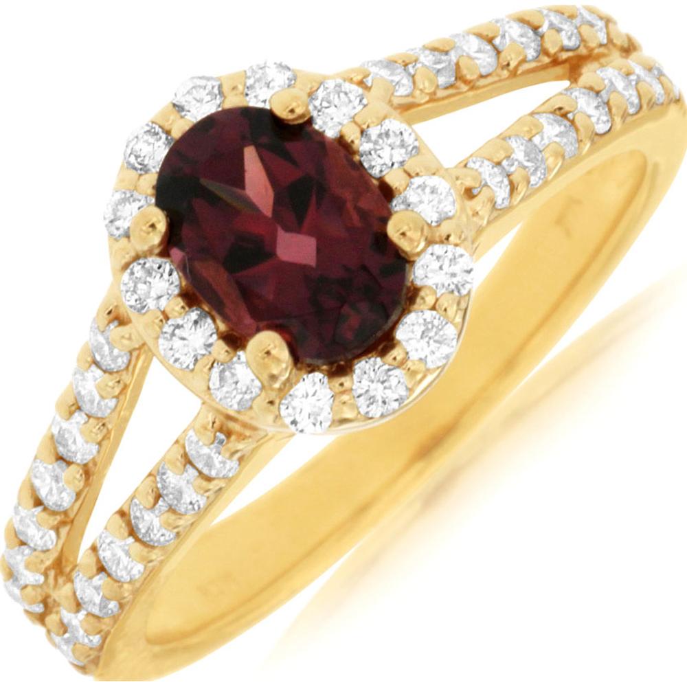 14K Yellow Gold Oval Rhodolite & Diamond Halo Split Shank Ring - 1.00 Carat Rhodolite & 0.65 Carat Total Diamond Weight - Royal Jewelry