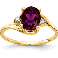 14K Yellow Gold Oval Rhodolite Garnet and Diamond Accent Ring - 1.65 Carat Garnet, 0.034 Carat Total Diamond Weight by Monteluci Fine Jewelry
