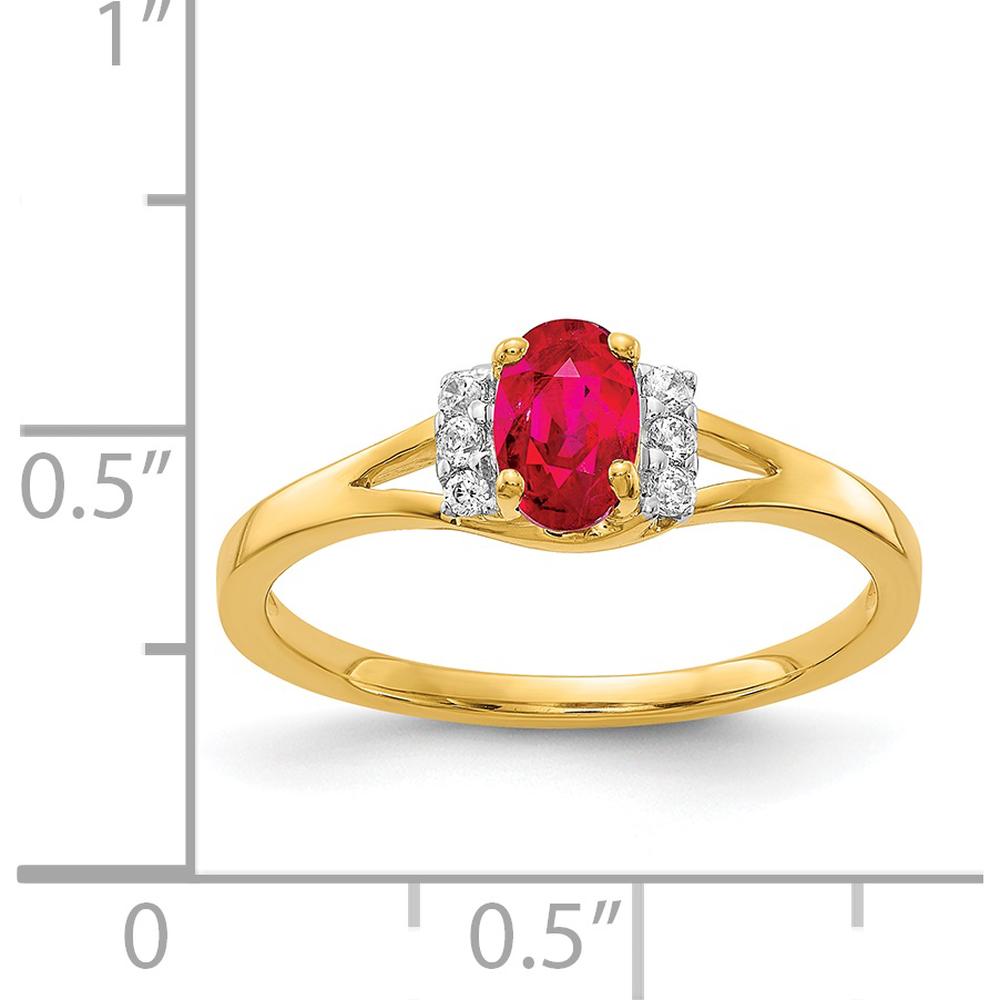 14K Yellow Gold Oval Ruby and Diamond 3-Stone Ring with 0.6 Carat Ruby and 0.07 Carat Total Diamond Weight by 0